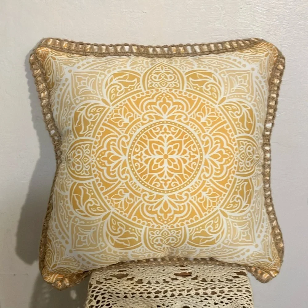 Mandala Patterned reversible Orange and yellow Throw Pillow with jute trim